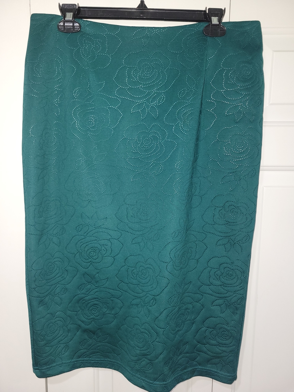 Teal Green Textured Rose Floral Print Pencil Skirt - L